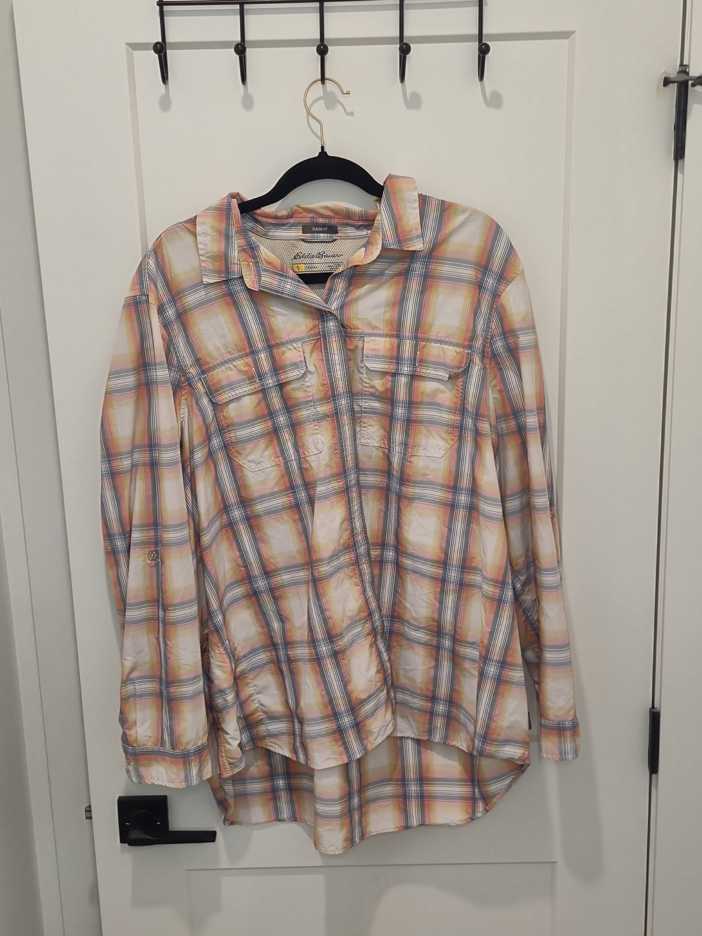Eddie Bauer Plaid Button-Down Shirt in Cream, Blue, Orange
